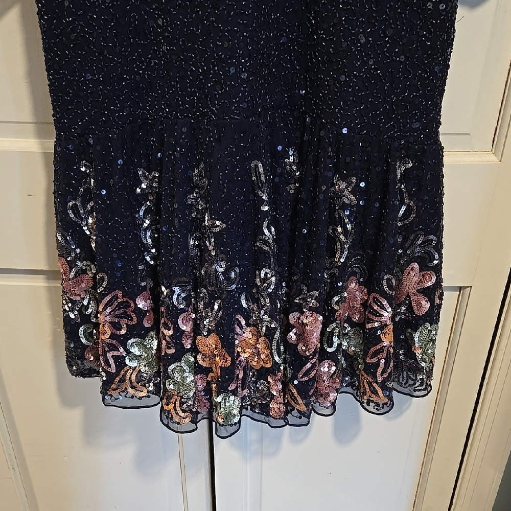 Mac Duggal Navy Long-Sleeve Sequin Evening Dress with Floral Hem - Picture 9 of 9